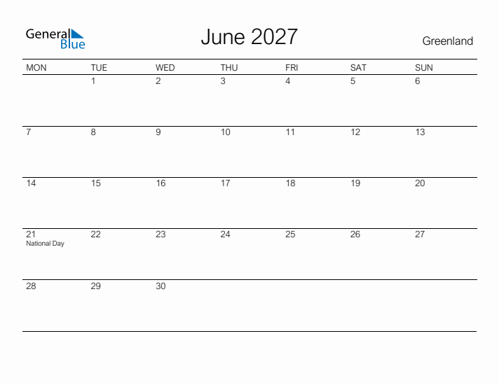 Printable June 2027 Calendar for Greenland