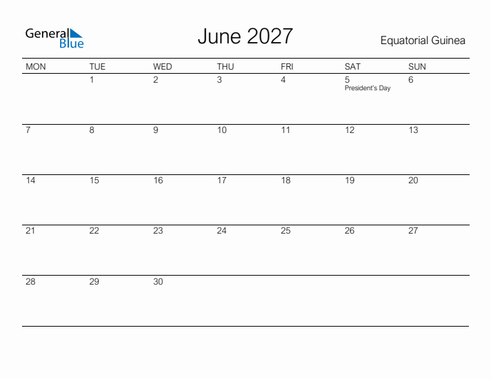 Printable June 2027 Calendar for Equatorial Guinea