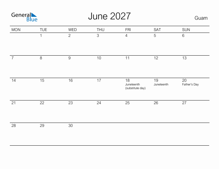 Printable June 2027 Calendar for Guam