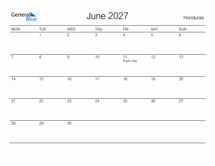 Printable June 2027 Calendar for Honduras