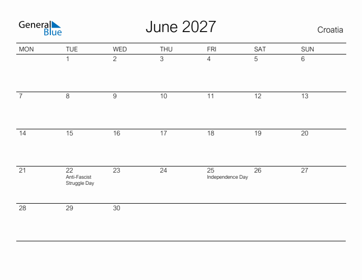 Printable June 2027 Calendar for Croatia