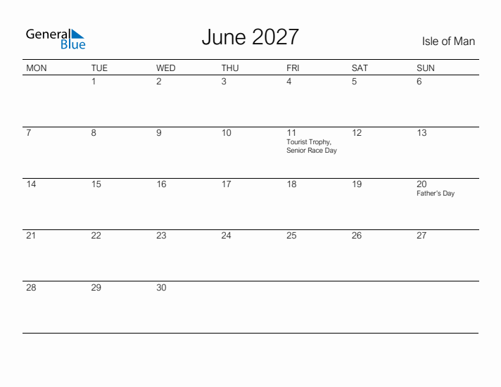 Printable June 2027 Calendar for Isle of Man