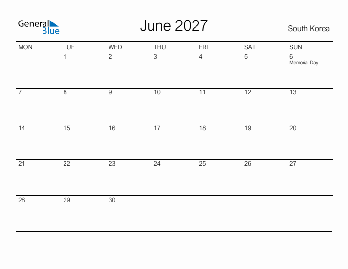 Printable June 2027 Calendar for South Korea