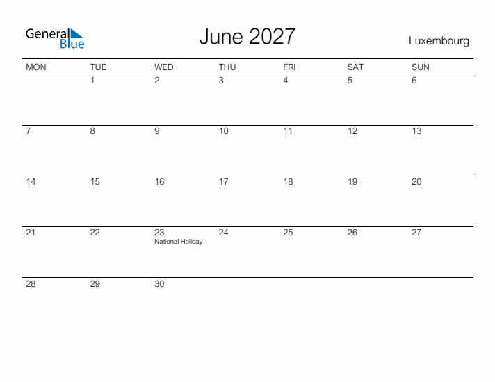 Printable June 2027 Calendar for Luxembourg
