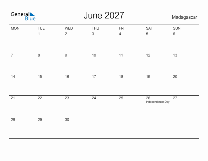 Printable June 2027 Calendar for Madagascar