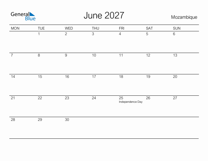 Printable June 2027 Calendar for Mozambique