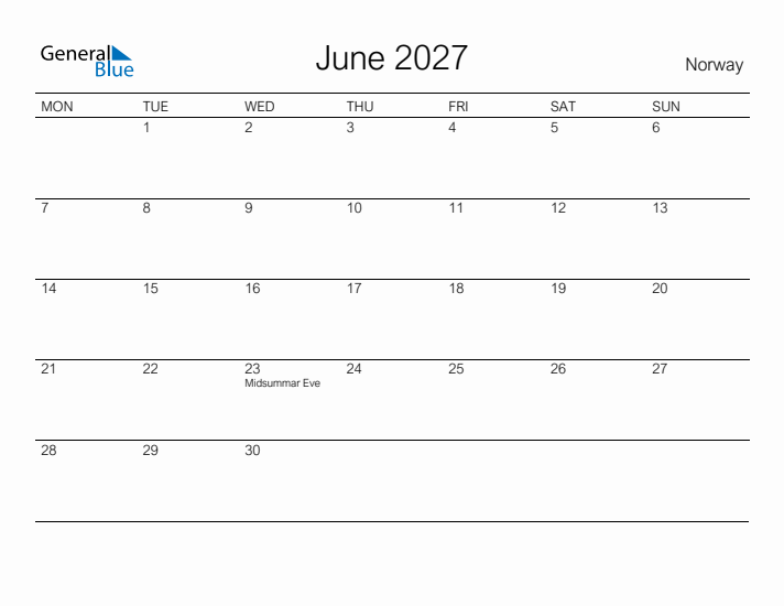 Printable June 2027 Calendar for Norway