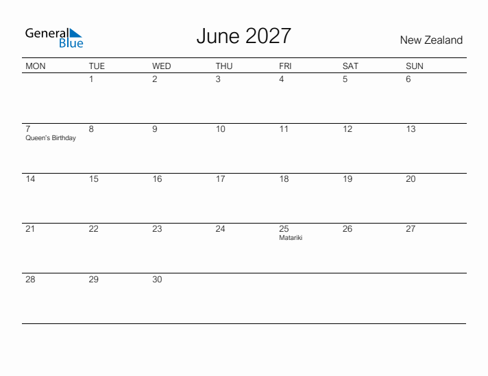 Printable June 2027 Calendar for New Zealand