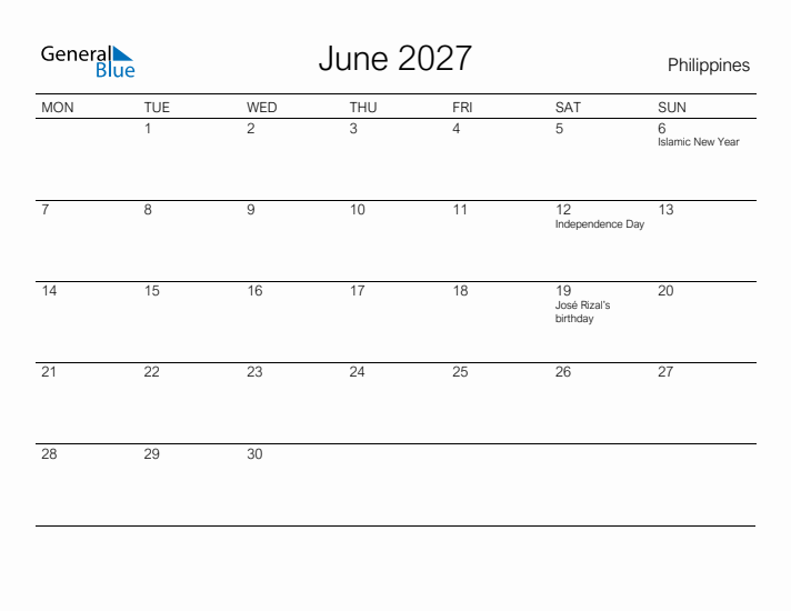 Printable June 2027 Calendar for Philippines