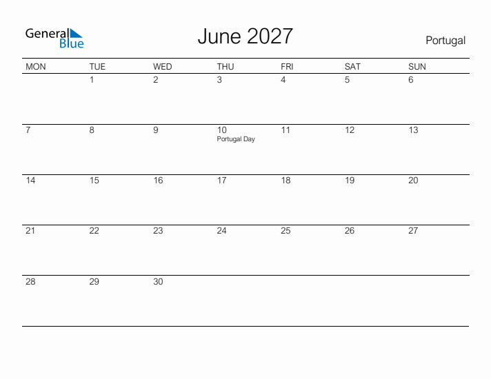Printable June 2027 Calendar for Portugal