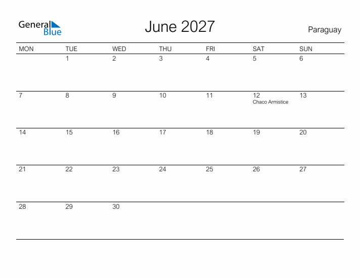 Printable June 2027 Calendar for Paraguay