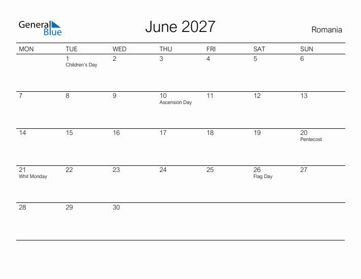 Printable June 2027 Calendar for Romania