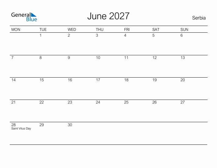 Printable June 2027 Calendar for Serbia