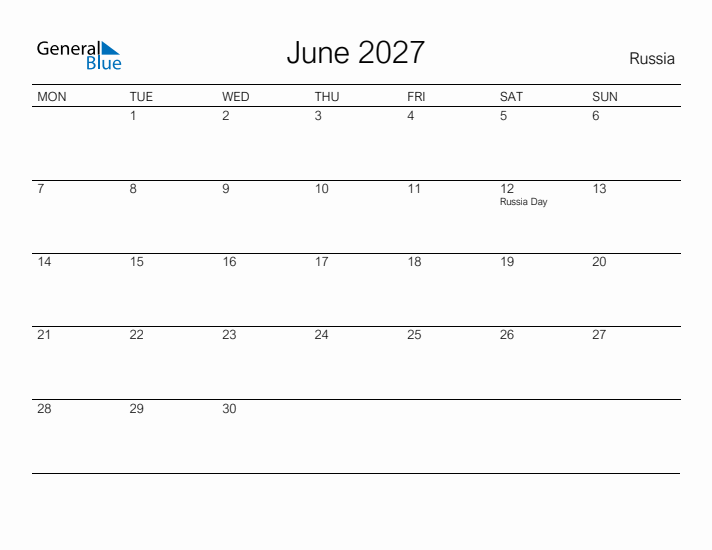 Printable June 2027 Calendar for Russia