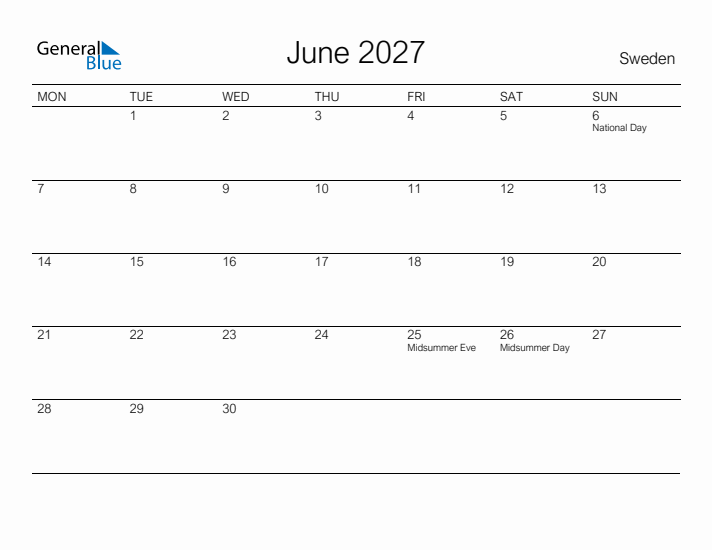 Printable June 2027 Calendar for Sweden