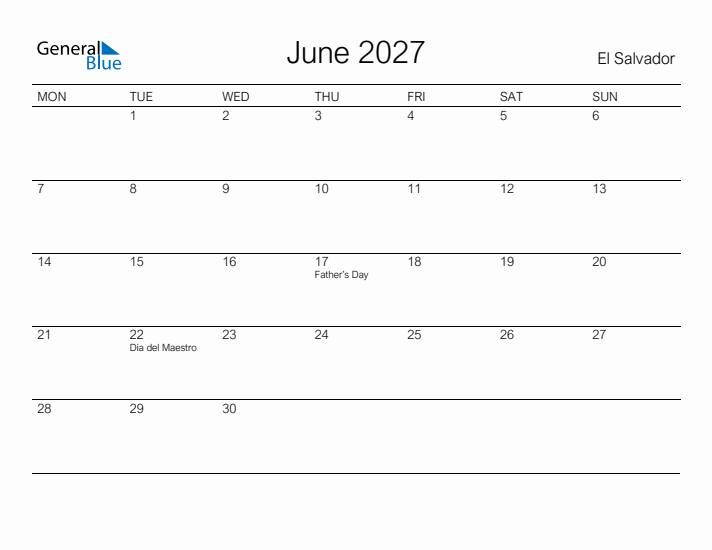 Printable June 2027 Calendar for El Salvador