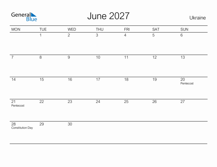 Printable June 2027 Calendar for Ukraine