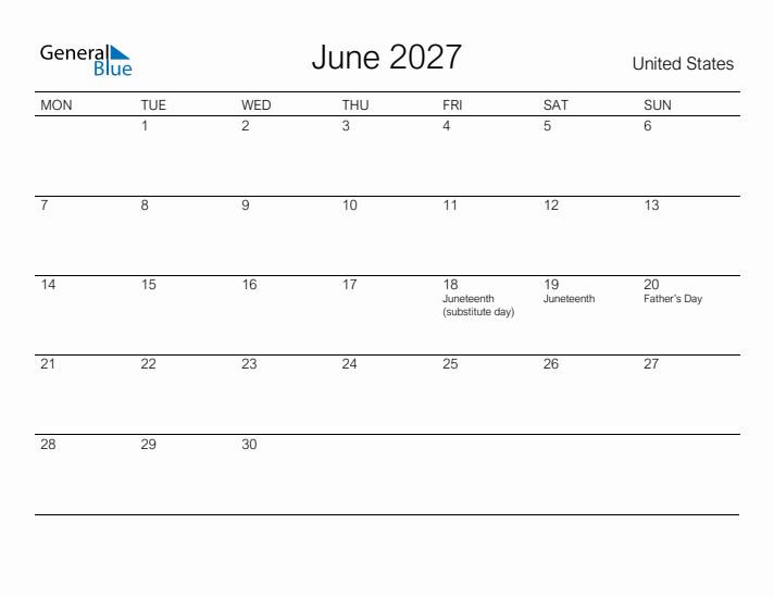 Printable June 2027 Calendar for United States