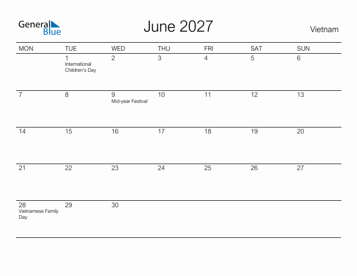 Printable June 2027 Calendar for Vietnam