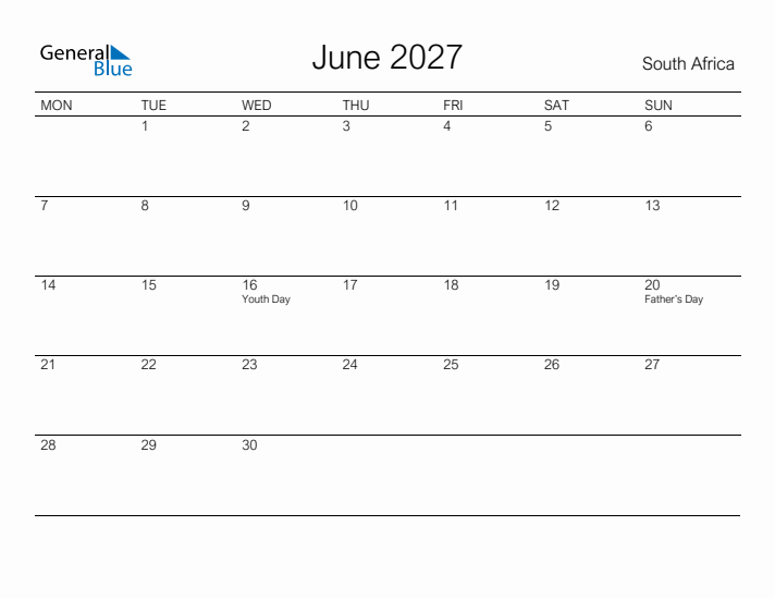 Printable June 2027 Calendar for South Africa