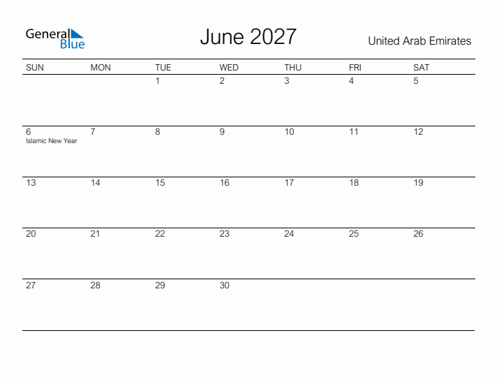 Printable June 2027 Calendar for United Arab Emirates