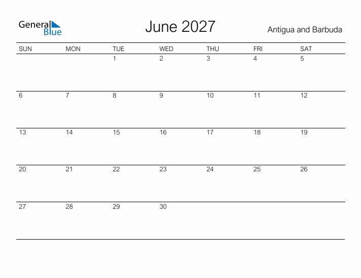 Printable June 2027 Calendar for Antigua and Barbuda