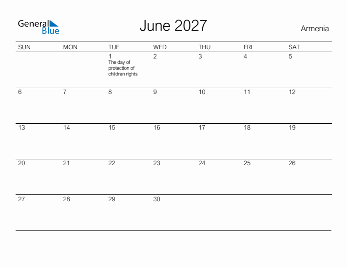 Printable June 2027 Calendar for Armenia