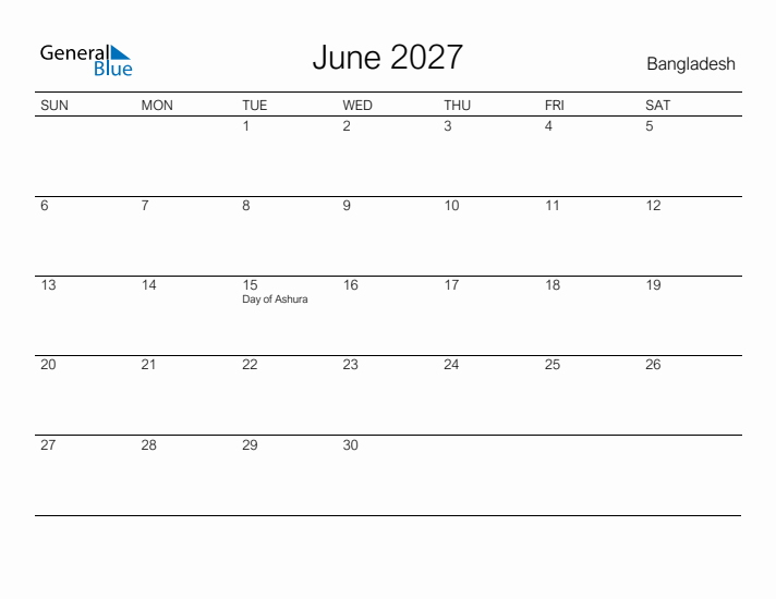Printable June 2027 Calendar for Bangladesh