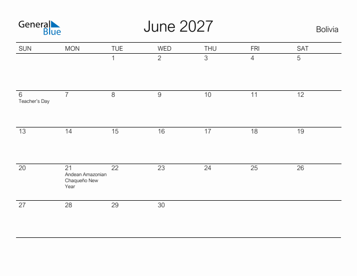 Printable June 2027 Calendar for Bolivia