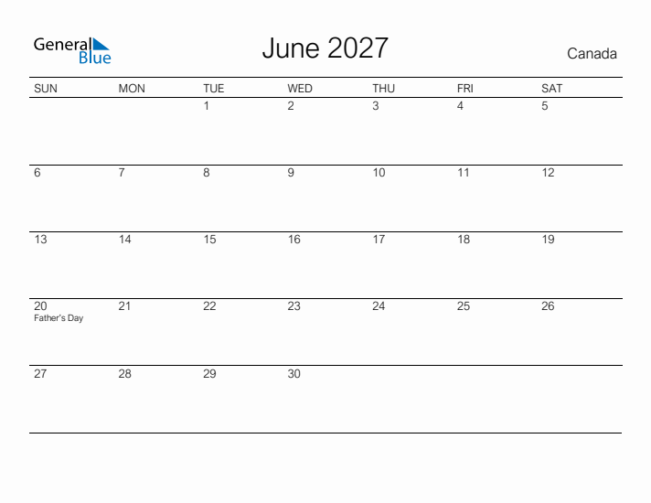 Printable June 2027 Calendar for Canada
