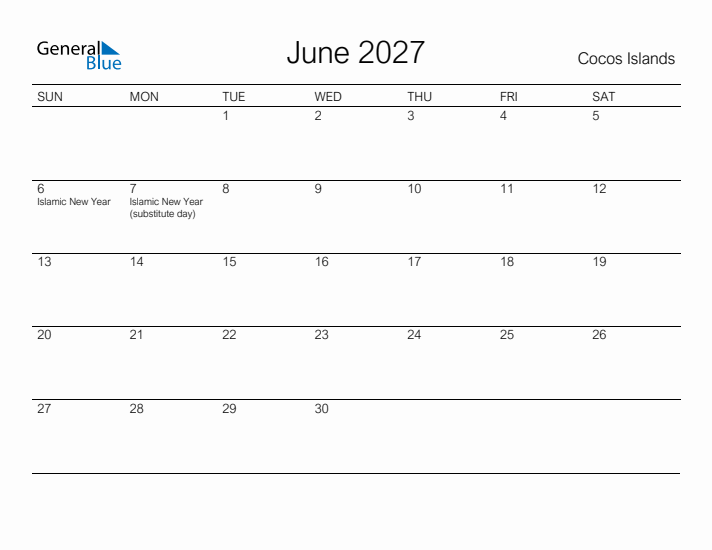 Printable June 2027 Calendar for Cocos Islands