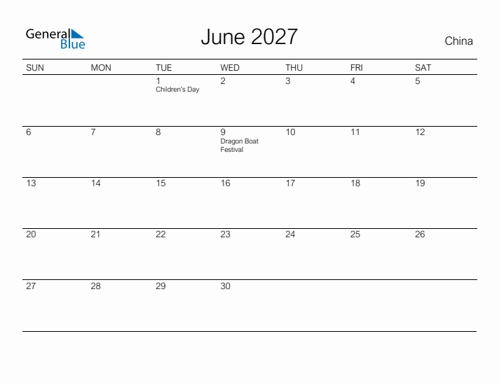 Printable June 2027 Calendar for China