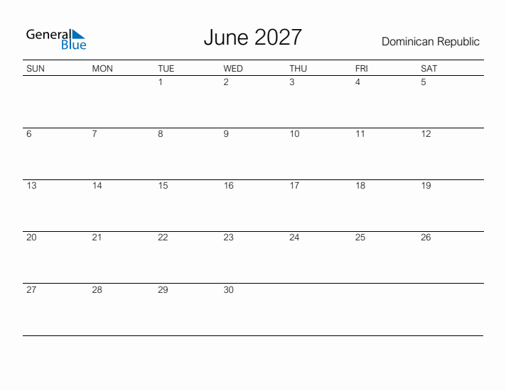Printable June 2027 Calendar for Dominican Republic