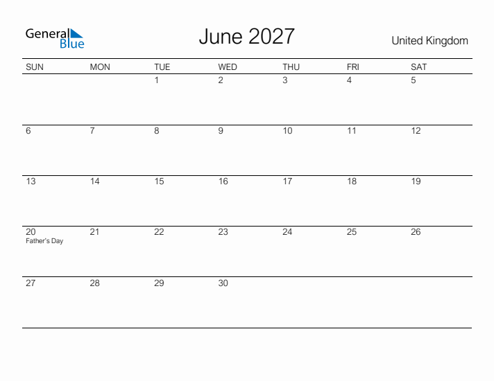 Printable June 2027 Calendar for United Kingdom