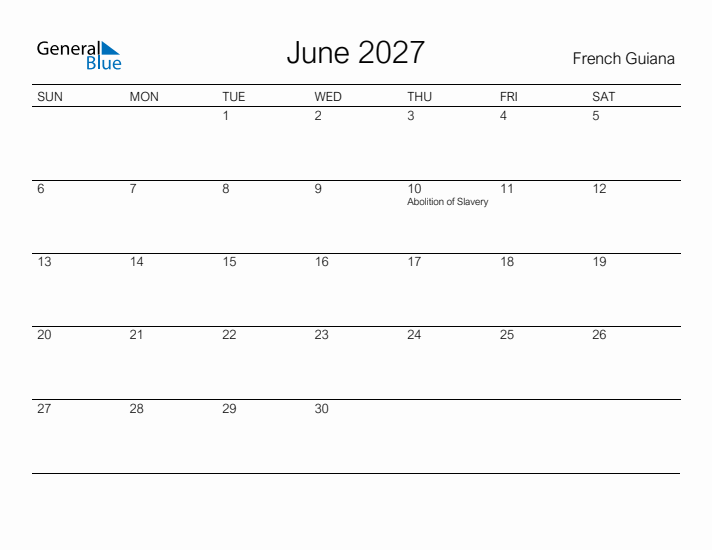 Printable June 2027 Calendar for French Guiana