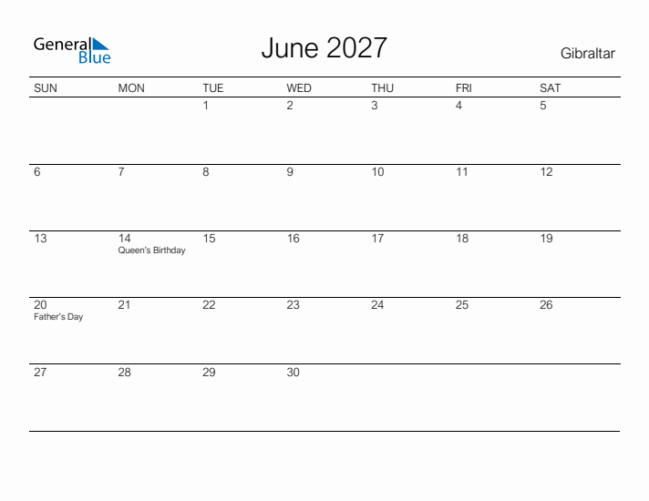 Printable June 2027 Calendar for Gibraltar