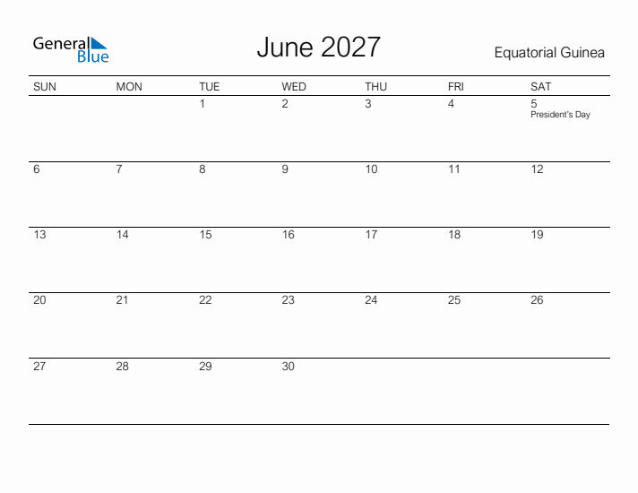 Printable June 2027 Calendar for Equatorial Guinea