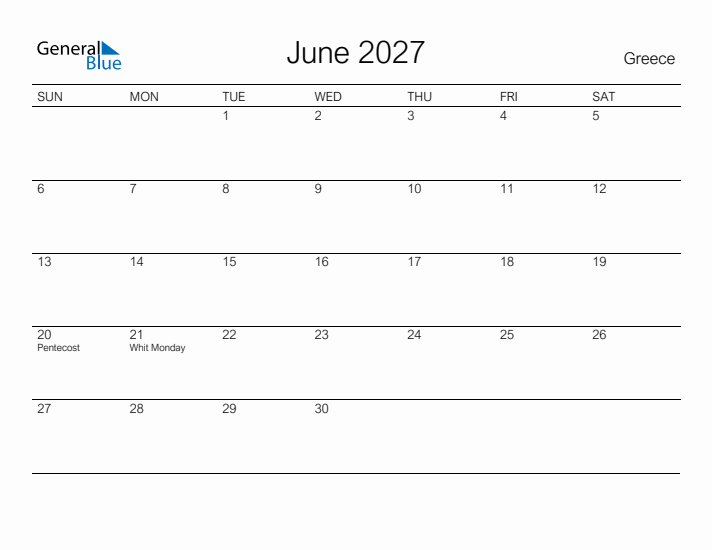 Printable June 2027 Calendar for Greece