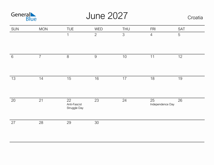 Printable June 2027 Calendar for Croatia