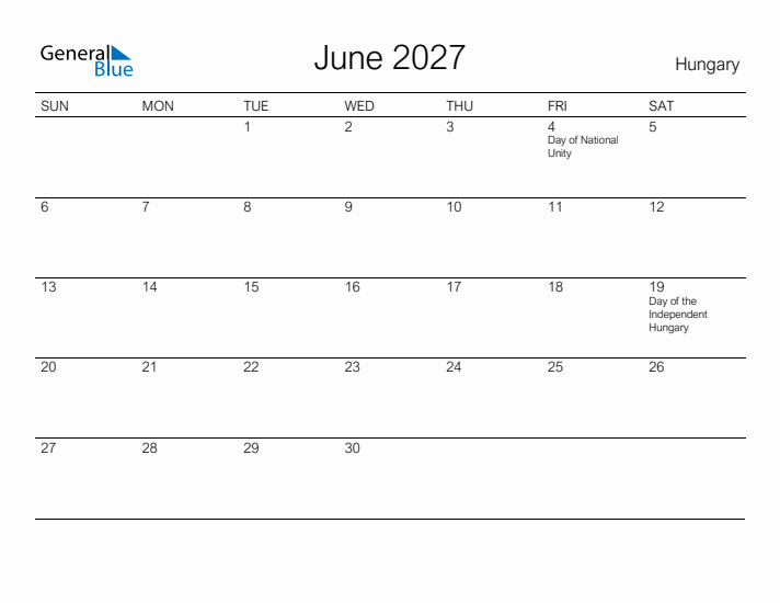 Printable June 2027 Calendar for Hungary
