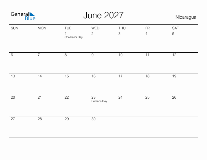 Printable June 2027 Calendar for Nicaragua
