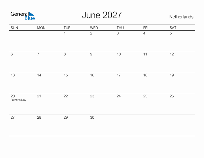 Printable June 2027 Calendar for The Netherlands