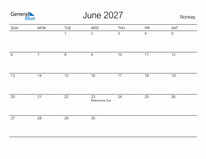 Printable June 2027 Calendar for Norway