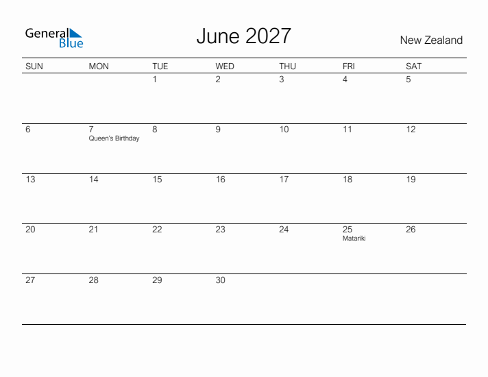 Printable June 2027 Calendar for New Zealand