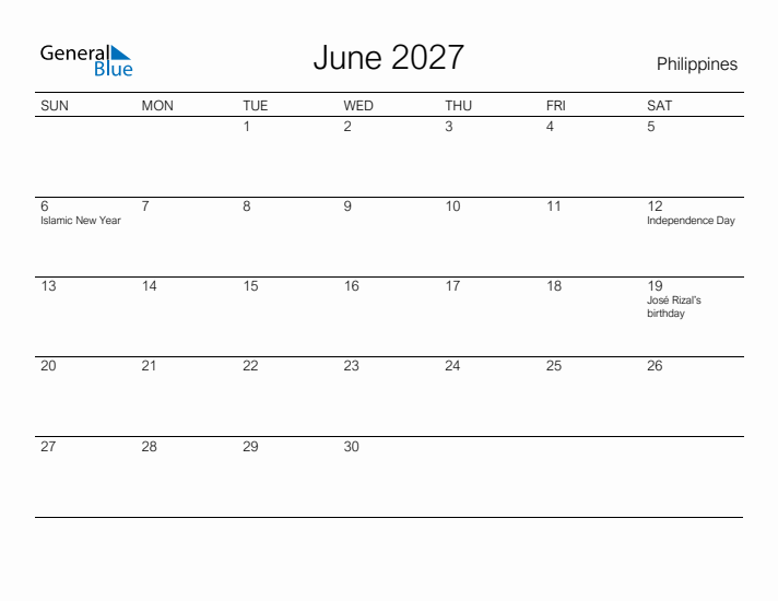 Printable June 2027 Calendar for Philippines