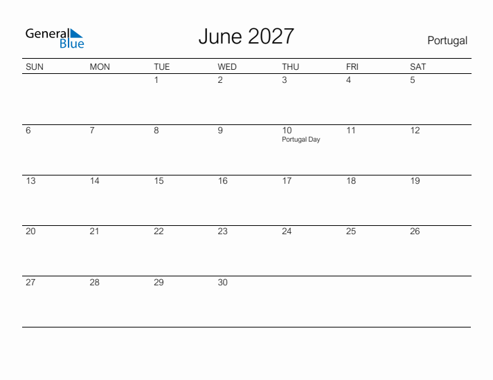 Printable June 2027 Calendar for Portugal