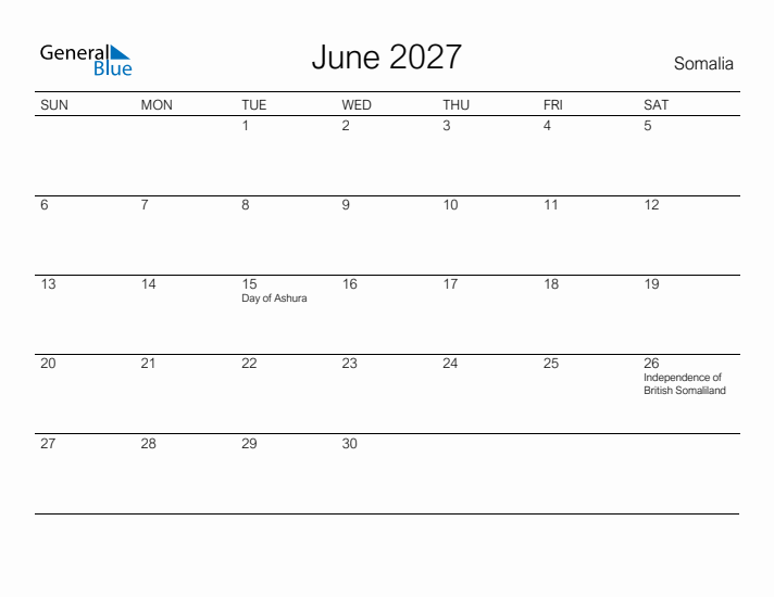 Printable June 2027 Calendar for Somalia