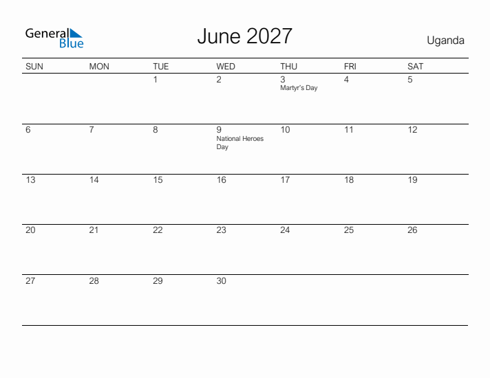 Printable June 2027 Calendar for Uganda
