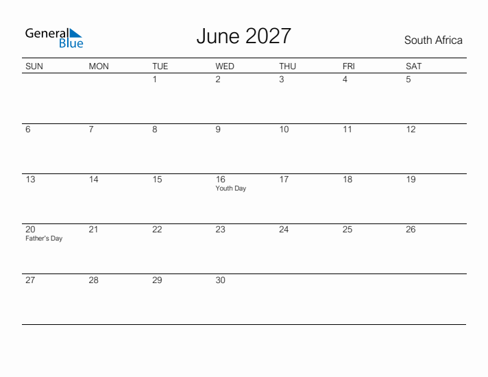 Printable June 2027 Calendar for South Africa
