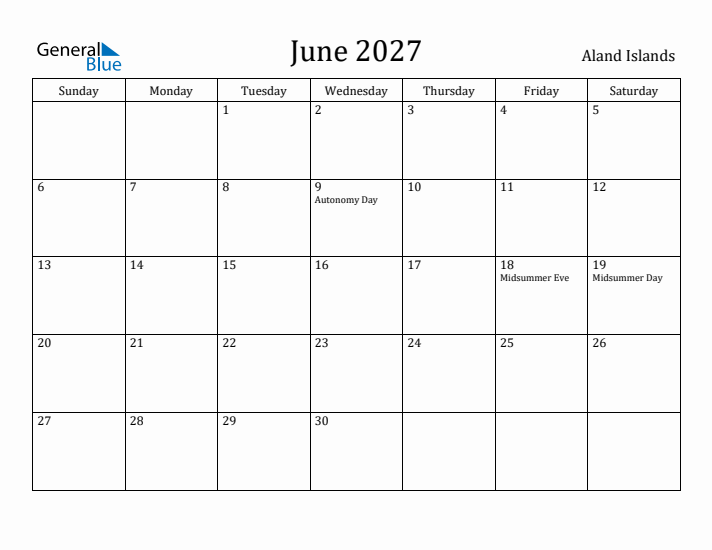 June 2027 Calendar Aland Islands